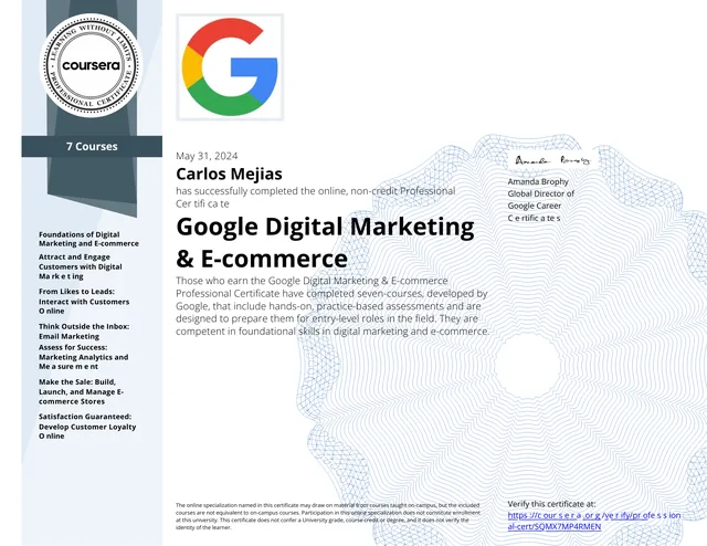 Certificado de Google: Digital Marketing y E-commerce (certificado profesional, 7 cursos), a nombre de Carlos Mejías