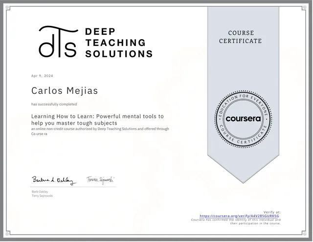 Certificado de Deep Teaching Solutions: Learning How to Learn, a nombre de Carlos Mejías