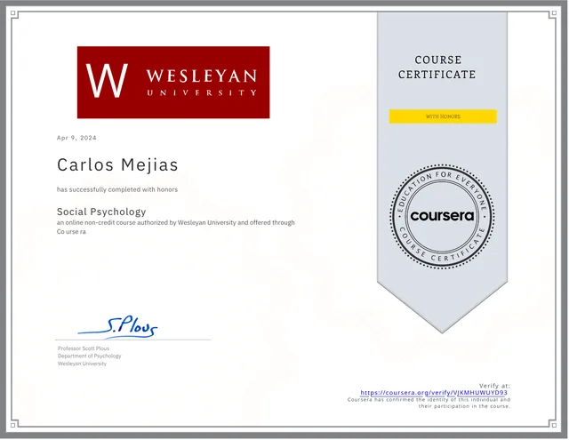 Certificado de Wesleyan University: Social Psychology, a nombre de Carlos Mejías